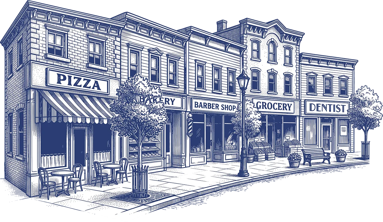 Illustrated main street of small businesses: a pizzeria, bakery, barber shop, grocery, and dentist's office